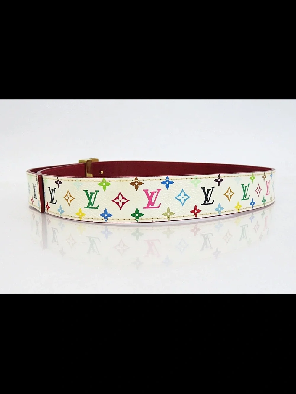 Louis Vuitton White Multicolor Monogram Belt with Gold LV Buckle